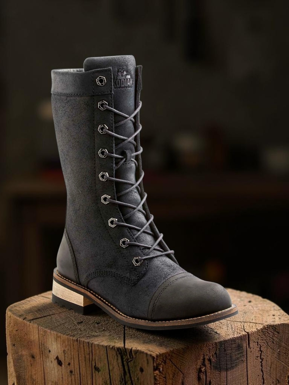 KODIAK Bethany Black Leather Waterproof Mid Calf Lace Up Zip Combat Boots